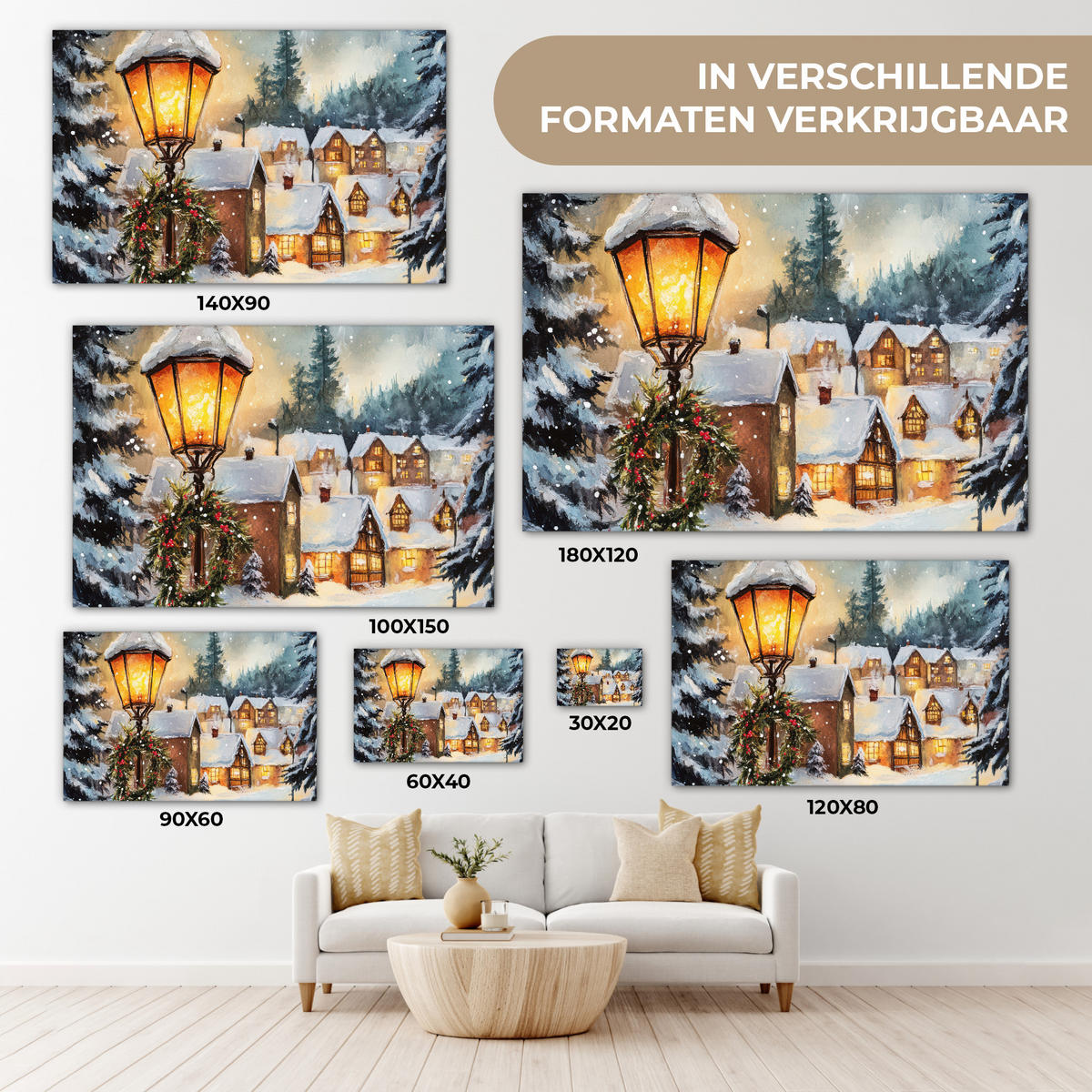 LEINWANDBILD Weihnachtsdorf - Häuser - Schnee - Weihnachten Wohnzimmer 120x80 cm - Sandfarben, Textil (120/80cm) - MuchoWow