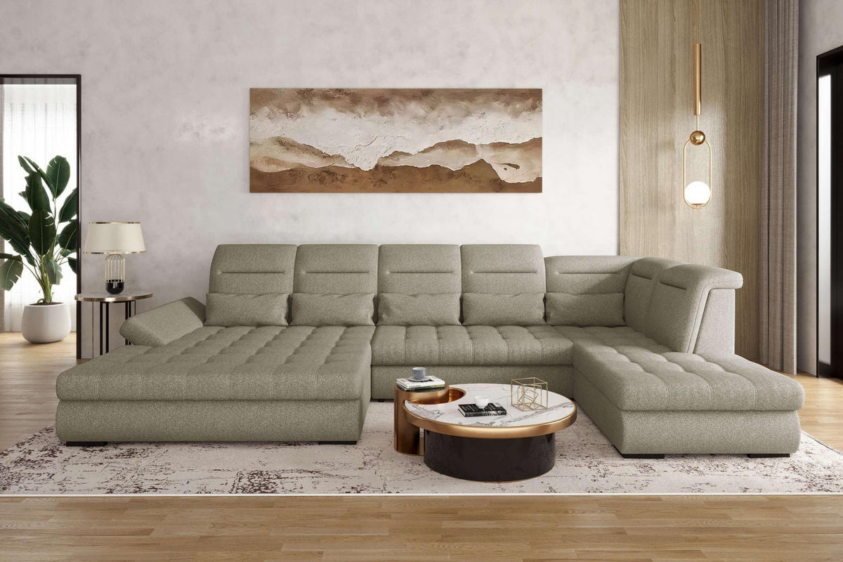 WOHNLANDSCHAFT Toscana Strukturstoff inkl. Schlaffunktion - Hellbraun, Textil (208/87/358cm) - 99rooms