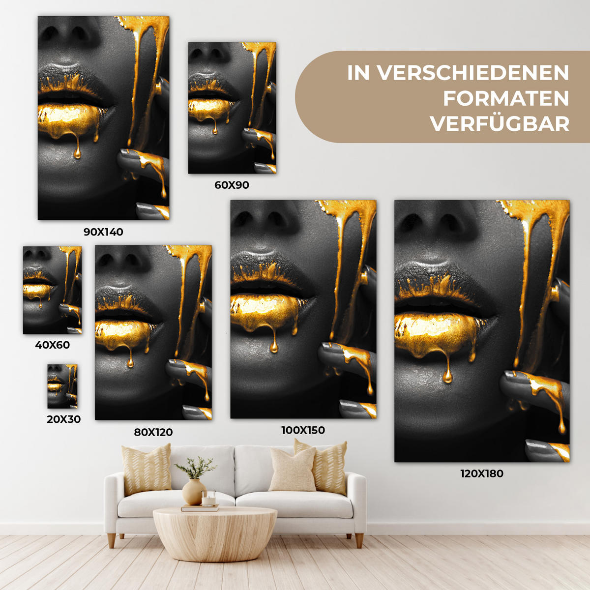 LEINWANDBILD Frau - Schwarz - Gold - Gesicht - Lippen 90x140 cm - Goldfarben, Textil (90/140cm) - MuchoWow