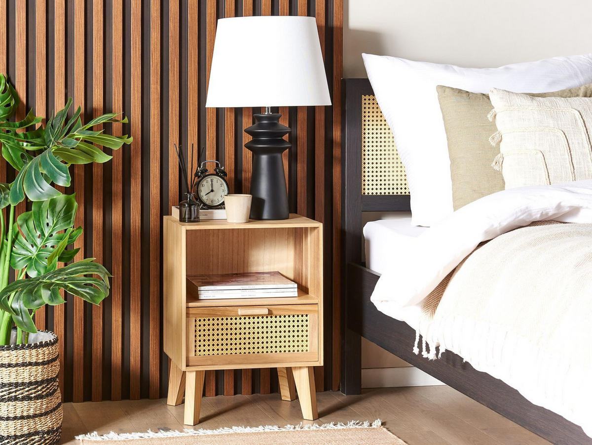 NACHTTISCH Rattan heller Holzfarbton 1 Schublade 40/30 cm Seney - Hellbraun, Holz (40/55/30cm) - Beliani