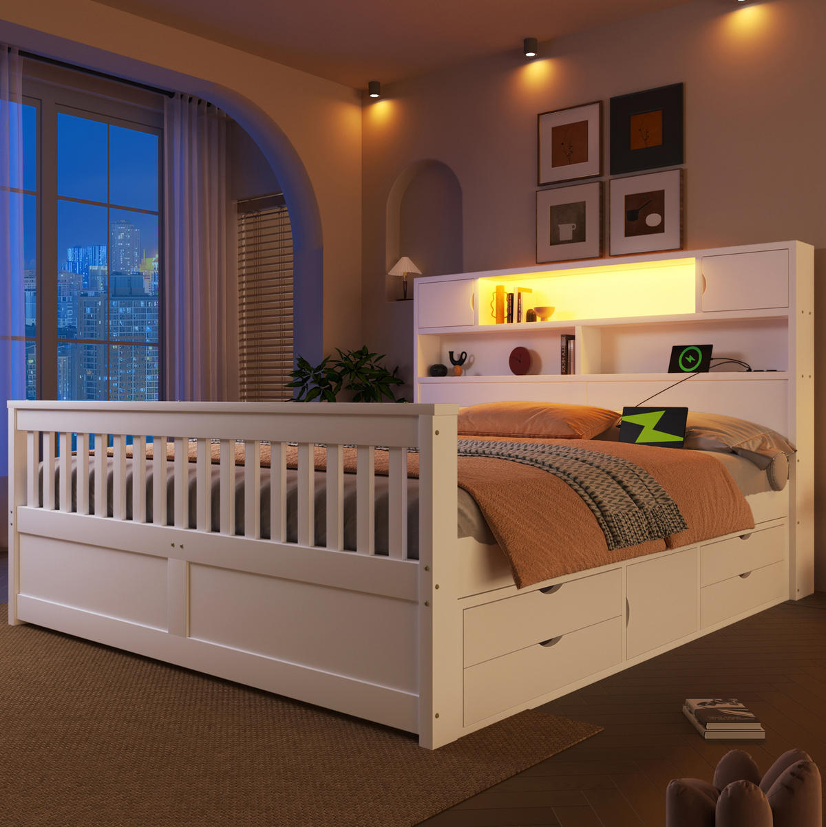 POSTEĽ s úložným priestorom 160/200 cm biela s LED čelom a 4 zásuvkami z MDF a preglejky - biela, kompozitné drevo (160/200cm) - OKWISH