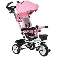 6 in 1 Dreirad mit Schubstange, Kinderdreirad mit Sicherheitsgurt, Sonnendach - Rosa, Metall (112/50/104cm) - HOMCOM