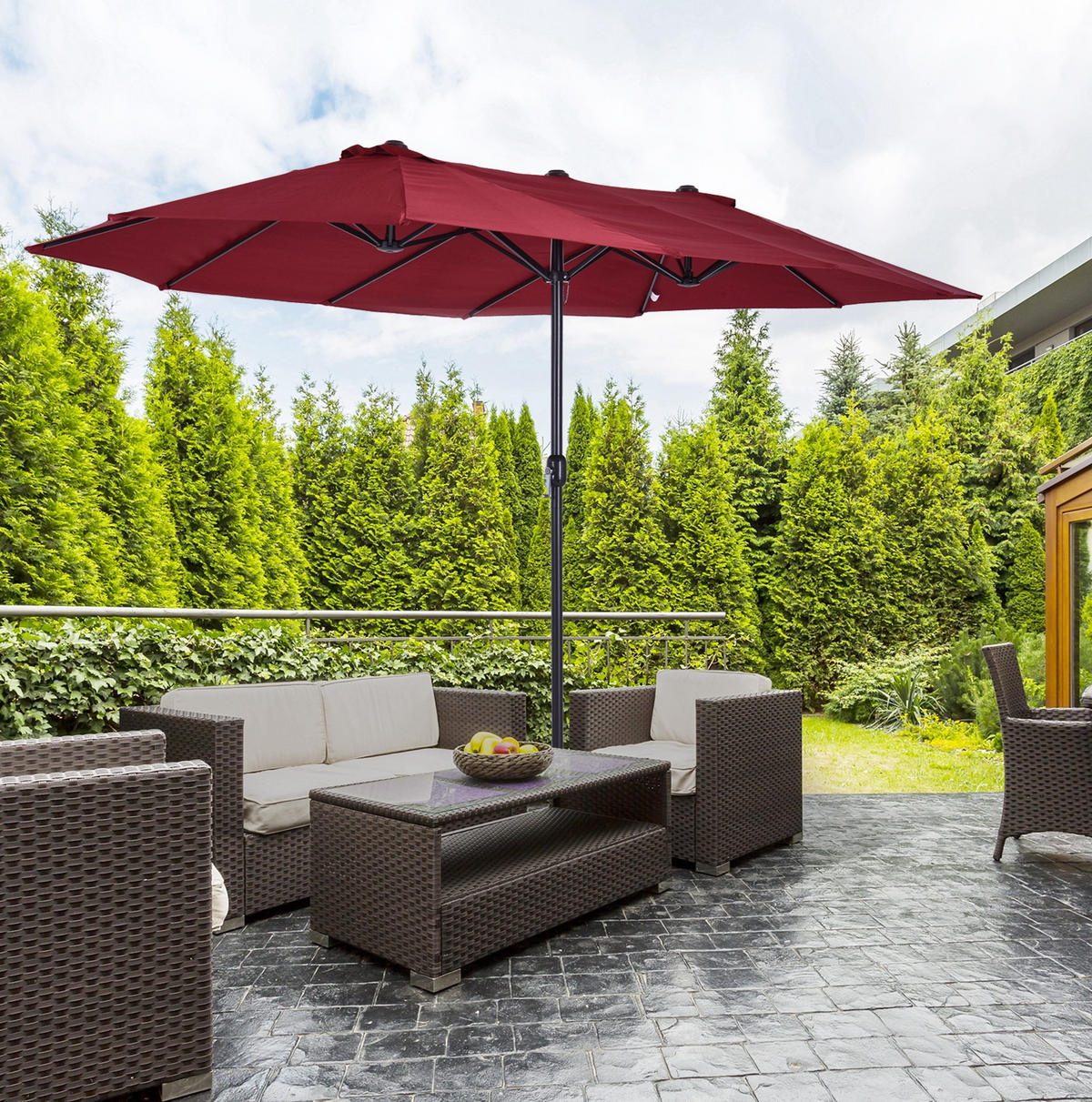 DOPPEL-SONNENSCHIRM aus Stahl 460x270x240 cm in Rot mit Handkurbel - Rot, Metall (270/460cm) - Modfu
