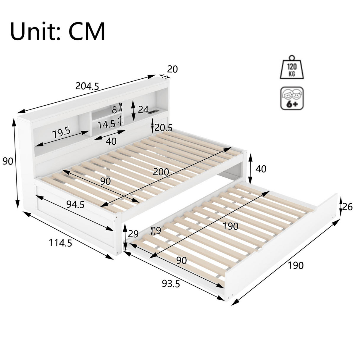 BETT 90/200 cm mit Ausziehbett, LED-Beleuchtung und Stauraum in Weiß - Weiß, Holzwerkstoff (90/200cm) - BEAOK