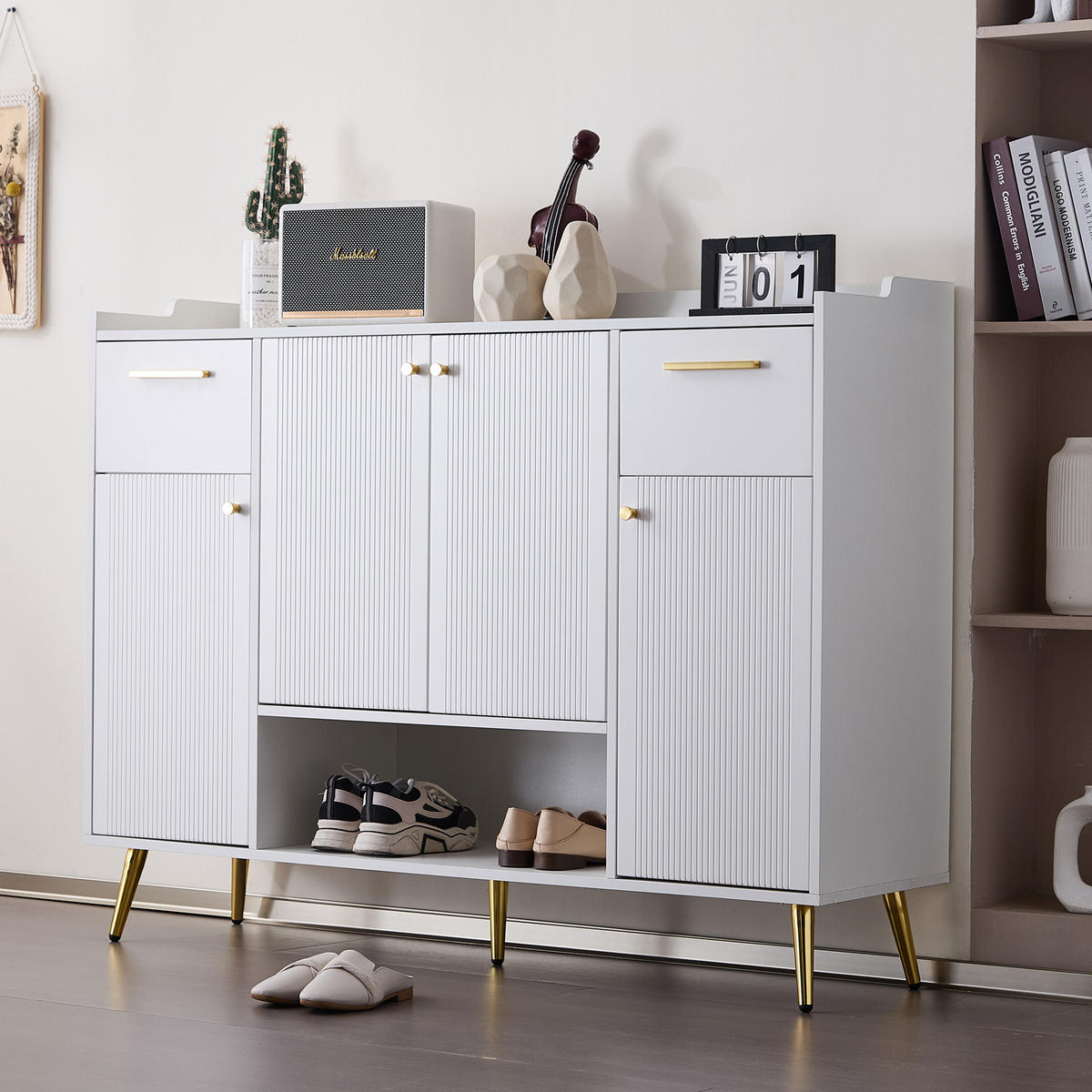 SCHUHSCHRANK mit 4 Türen Weiß 130x37x100cm - Weiß, Holzwerkstoff (37/100/130cm) - FLIEKS