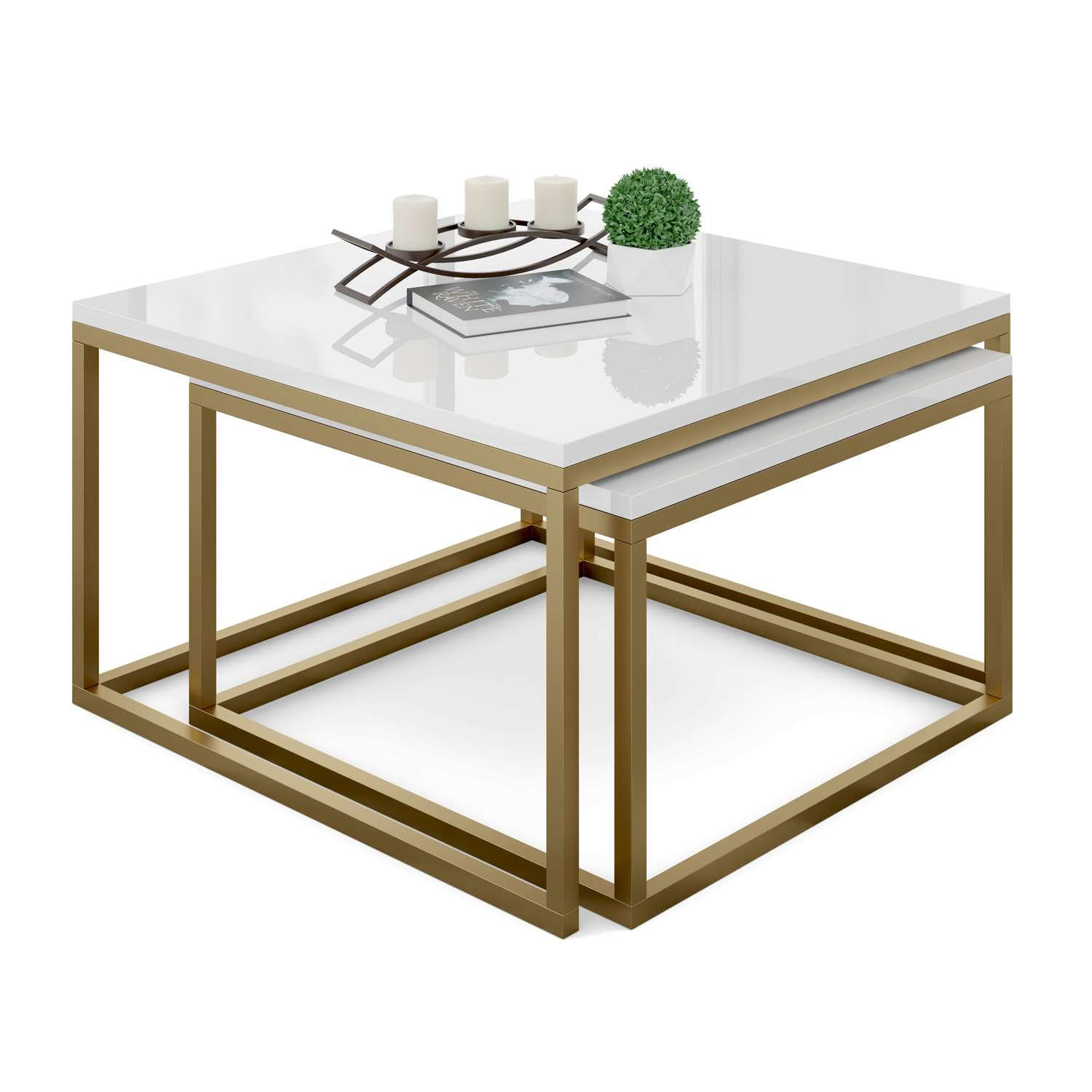 COUCHTISCH YOSHI 2in1 70/70/46 cm Gold matt / Weiß hochglanz - Weiß, Holzwerkstoff/Metall (70/70/46cm) - Lookway