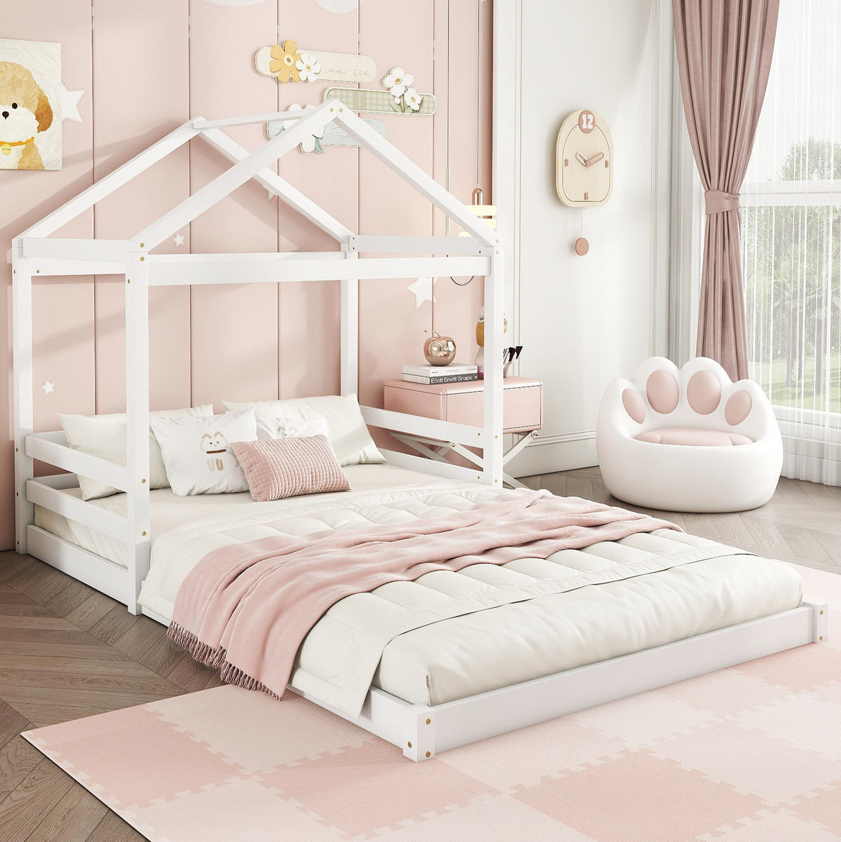 HAUSBETT 140/200 cm in Weiß – aus Kiefernholz mit Dachaufbau - Weiß, Holz (140/200cm) - BEAOK