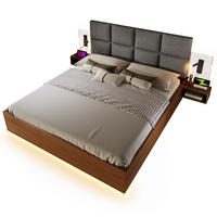POLSTERBETT 180x200 cm Walnuss/Grau mit Leinen-Kopfteil, LED, USB-Anschlüssen und Nachttischen - Grau, Textil (180/200cm) - Modfu