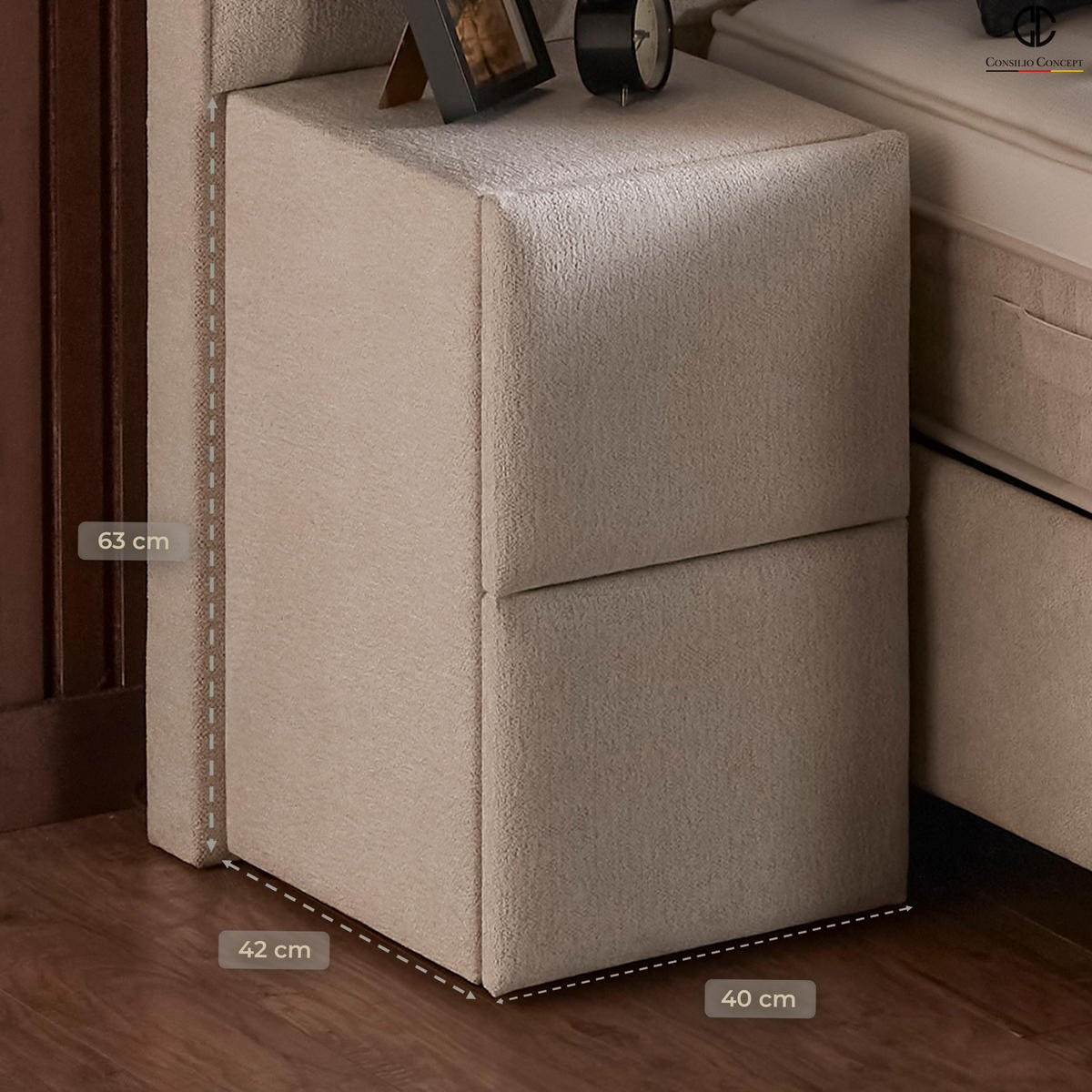 NACHTTISCH LUXOR 40/42/63 cm, Ivory, zwei Schubladen - Creme/Schwarz, Holz/Kunststoff (40/63/42cm) - Consilio Concept
