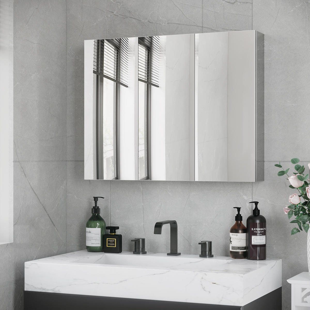 SPIEGELSCHRANK mit 5 Ablagen, 3 Glastüren, Edelstahl, 70 x 12 x 55 cm, Silber - Silberfarben, Glas (70/55/12cm) - Kleankin