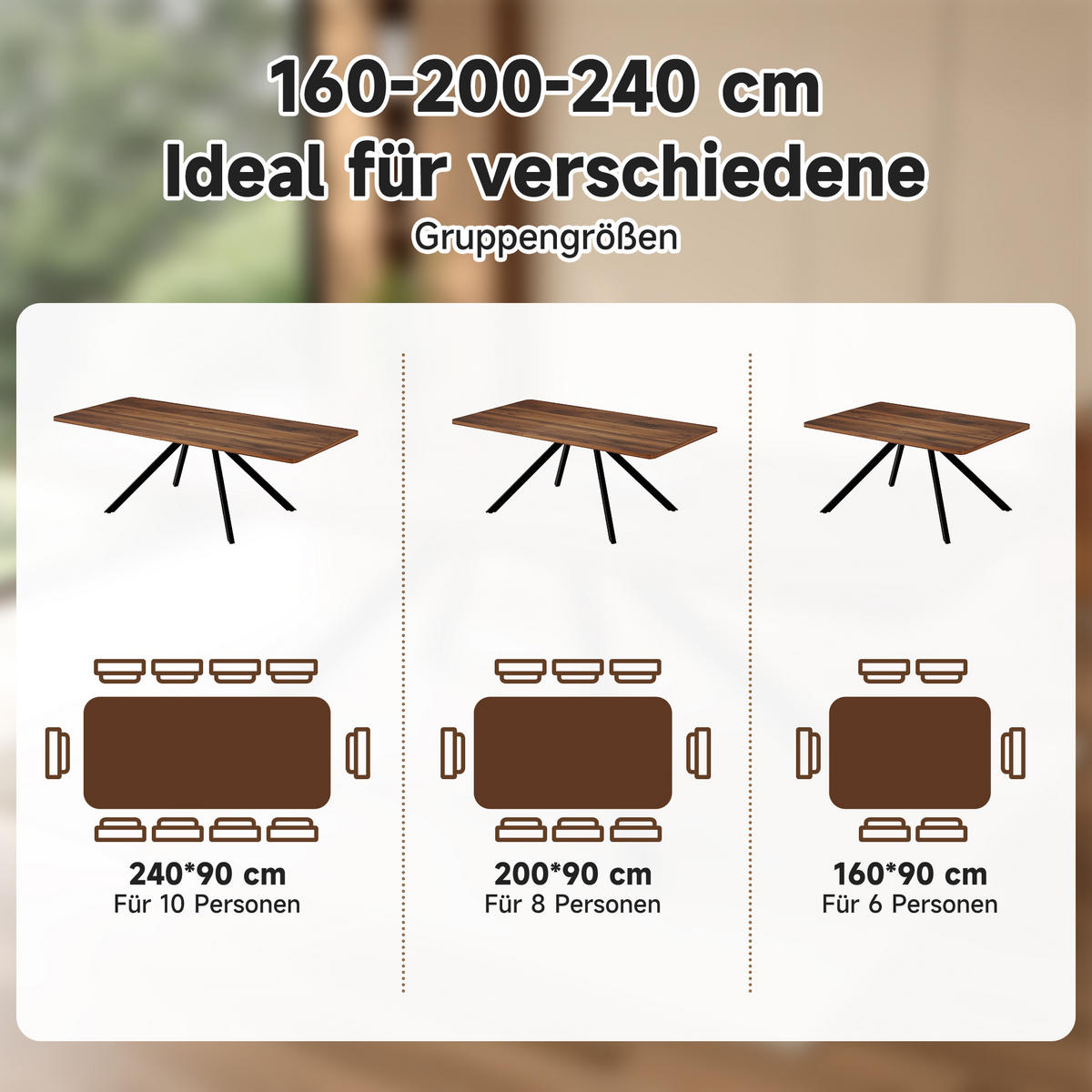 ESSTISCH Ausziehbar 3 Längen Walnuss Metallbeine 160-240x90cm - Walnussfarben, Holzwerkstoff (240/90/74.5cm) - FLIEKS