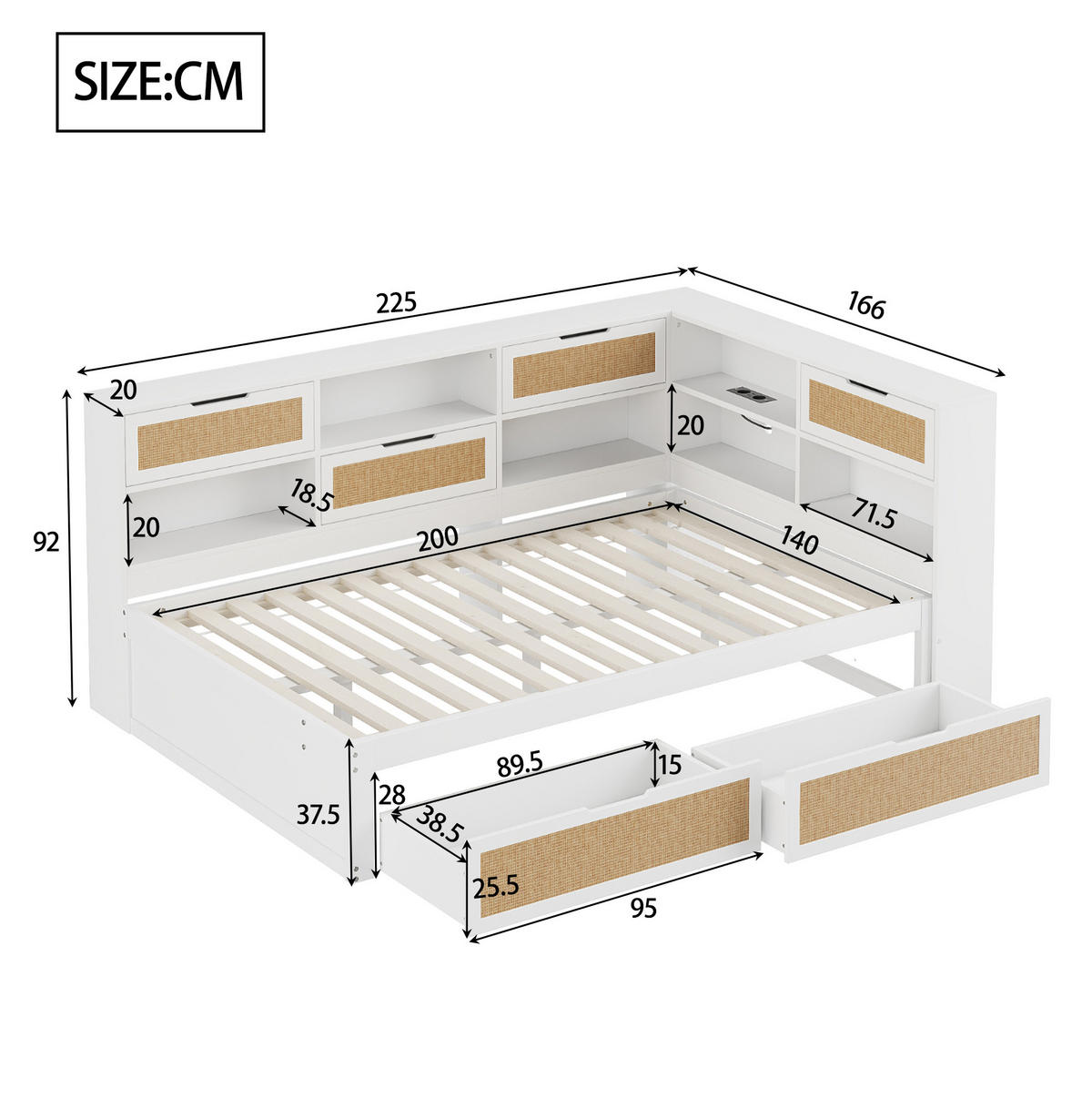 BETT 140/200 cm in Weiß mit Stauraum und USB-Ladeanschlüssen inkl. Lattenrost - Weiß, Holzwerkstoff (140/200cm) - BEAOK