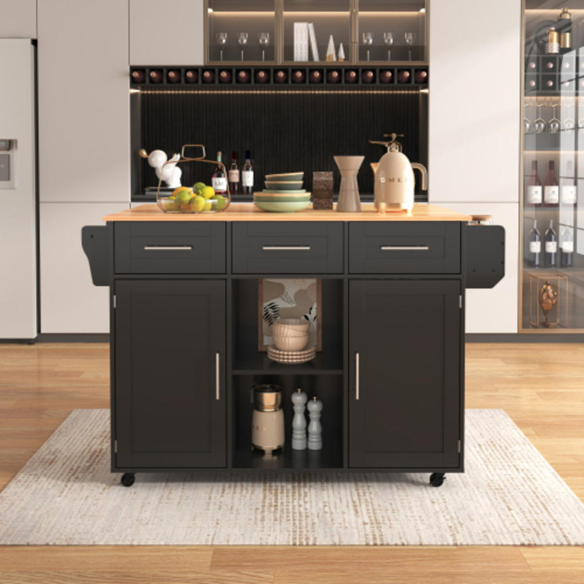 KÜCHENINSEL schwarz aus MDF mit klappbarer Erweiterungsplatte 139 × 46 × 91,5 cm - Schwarz, Holzwerkstoff (139/91.5/71cm) - Luhomfu
