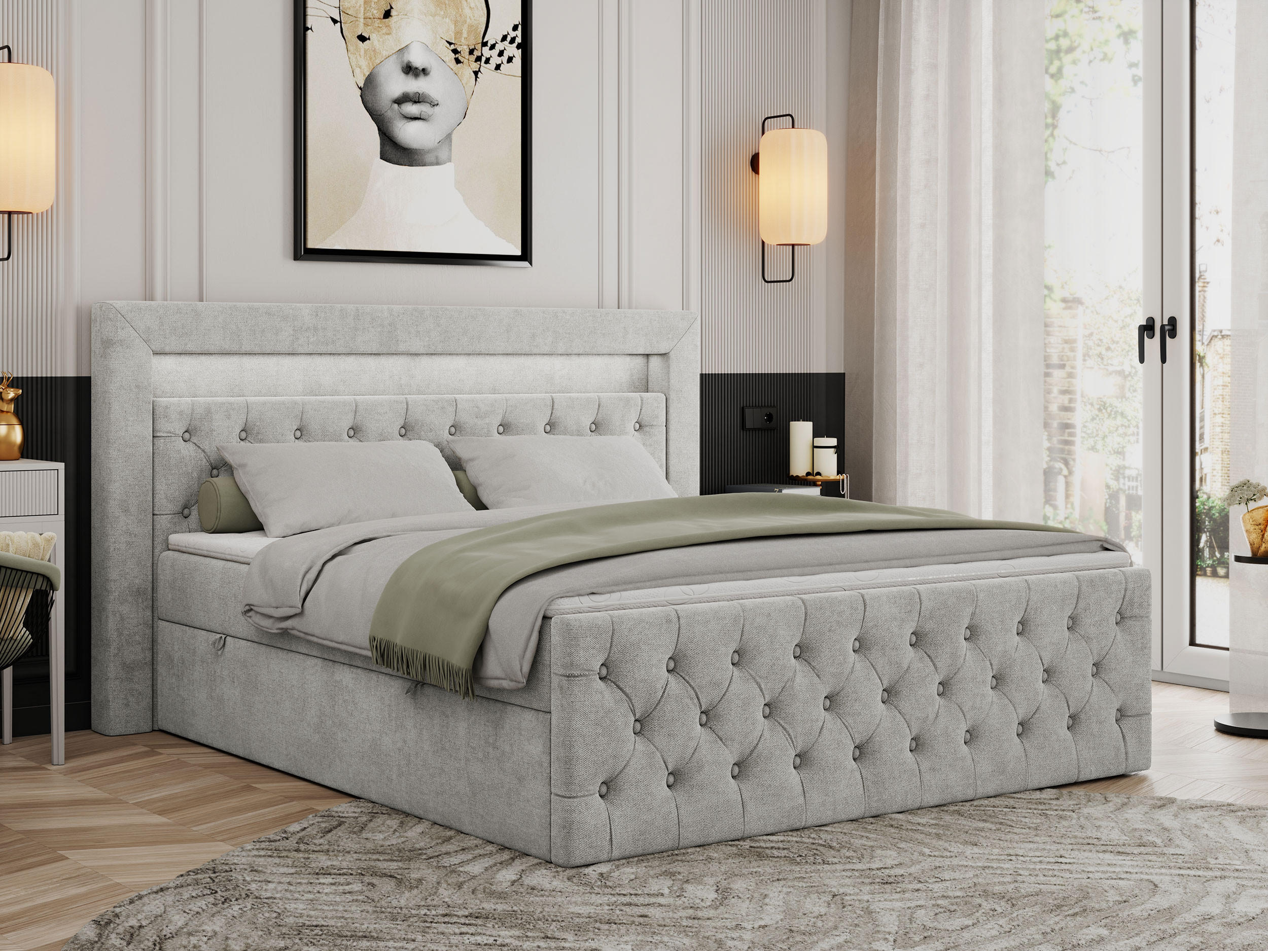 BOXBETT GOLD-9 LED 140/200 Hellgrau Struktur - H4 - Hellgrau, Holz/Textil (140/200cm) - MKS