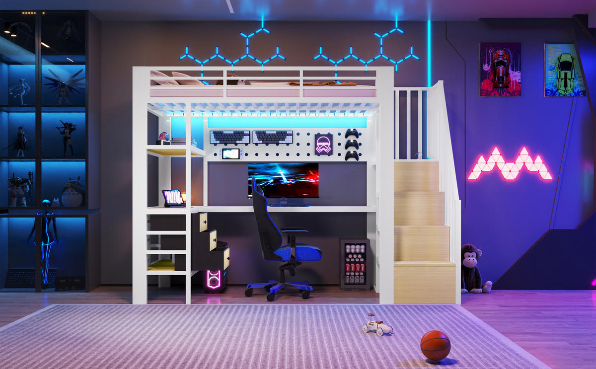 HOCHBETT 90/200 cm Weiß, mit Metallgestell, Tisch, Schublade und LED-Licht - Weiß, Metall
