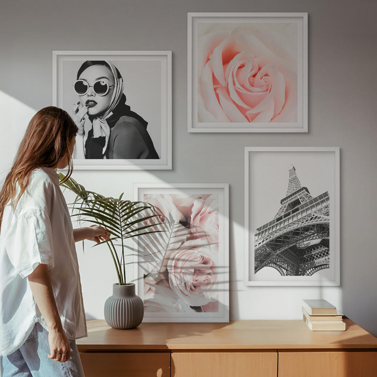 WANDBILDER 4er-Set - 50x50 cm & 40x60 cm Weißer Rahmen - Eiffels Porträt einer Frau mit Rosen - Weiß, Kunststoff (50/50cm) - ArtPrintCave