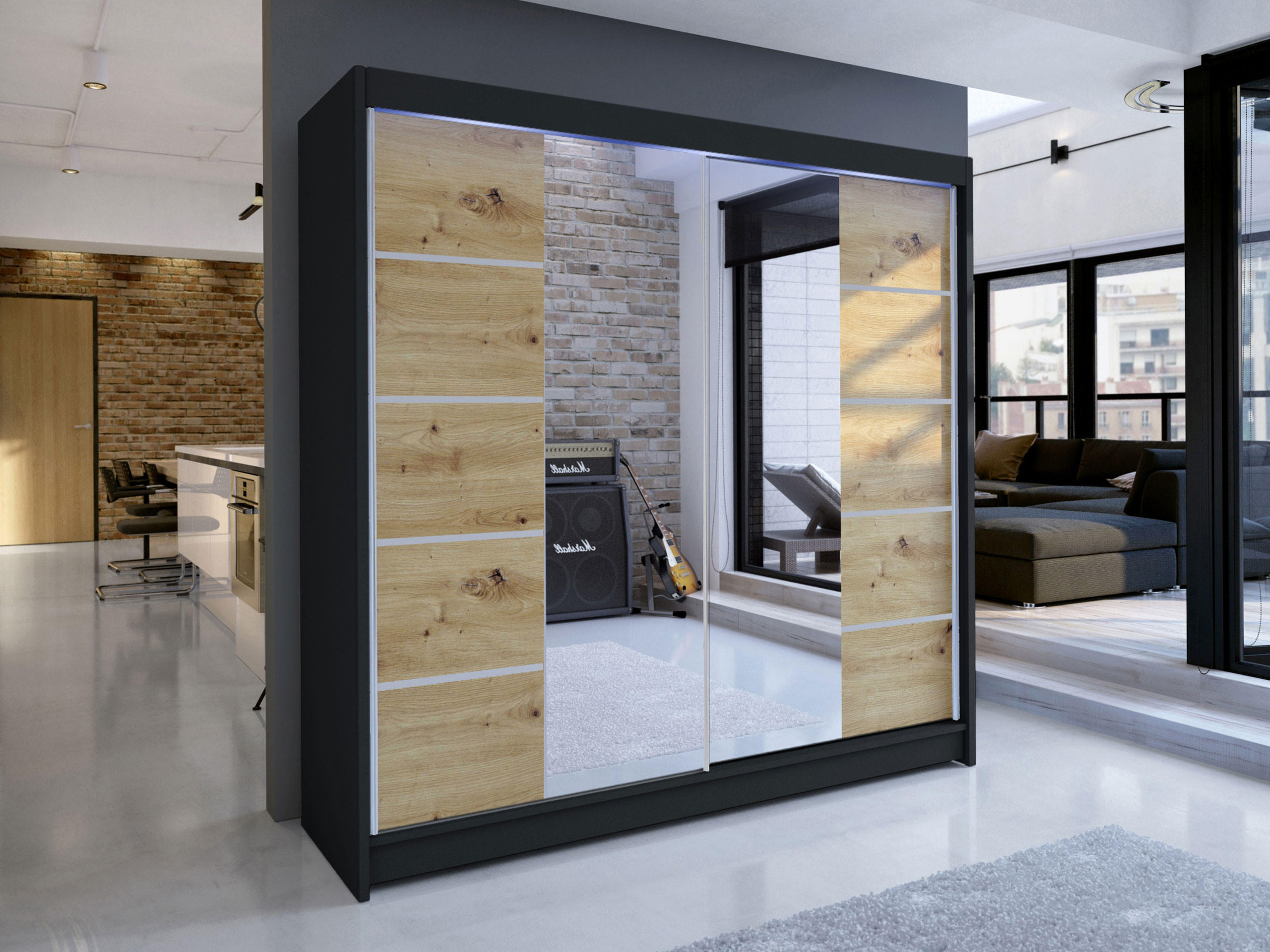 SCHWEBETÜRENSCHRANK Talin V, mit RGB LED Beleuchtung - Silberfarben/Braun, Holzwerkstoff/Metall (180/215/58cm) - MIRJAN24