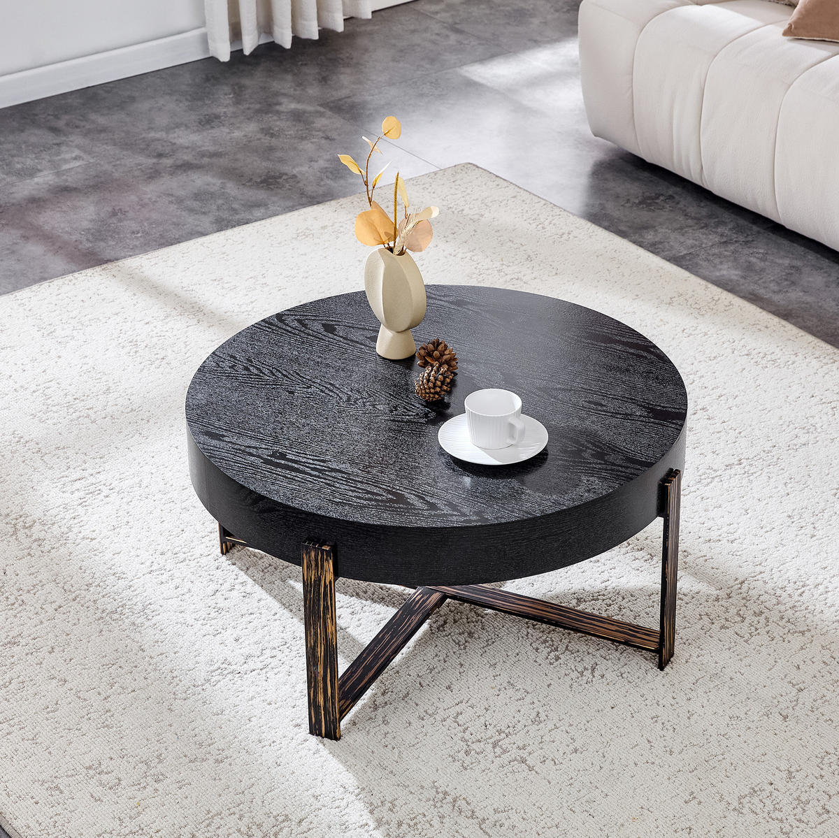 COUCHTISCH aus MDF und Metall Ø68x36 cm in Schwarz mit Kreuzgestell - Schwarz, Holzwerkstoff (68/68/36cm) - Modfu