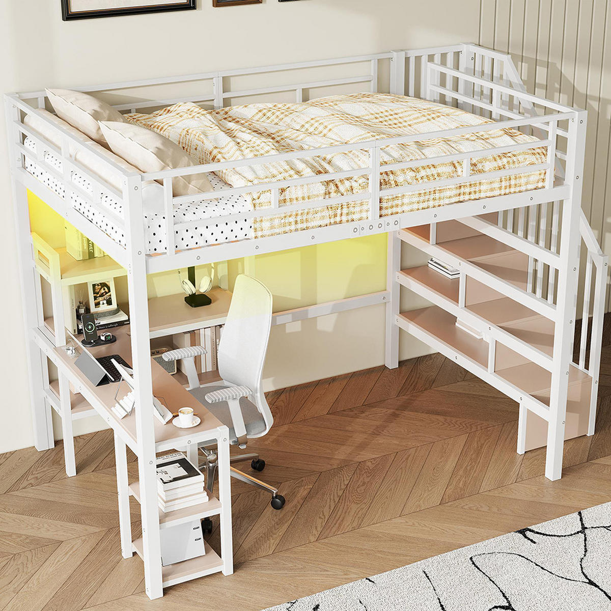 HOCHBETT 140x200 cm, integriertem Schreibtisch, Weiß - Weiß, Holz (140/200cm) - KOMHTOM