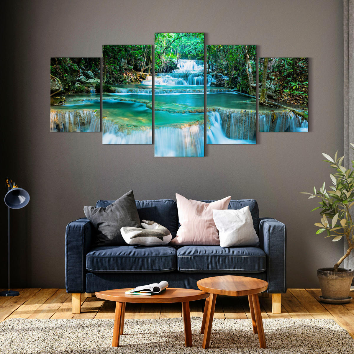 LEINWANDBILD Bergwasserfall 5-tlg. 200x100 cm - Multicolor, Holz (200/100cm) - LUMASOUL