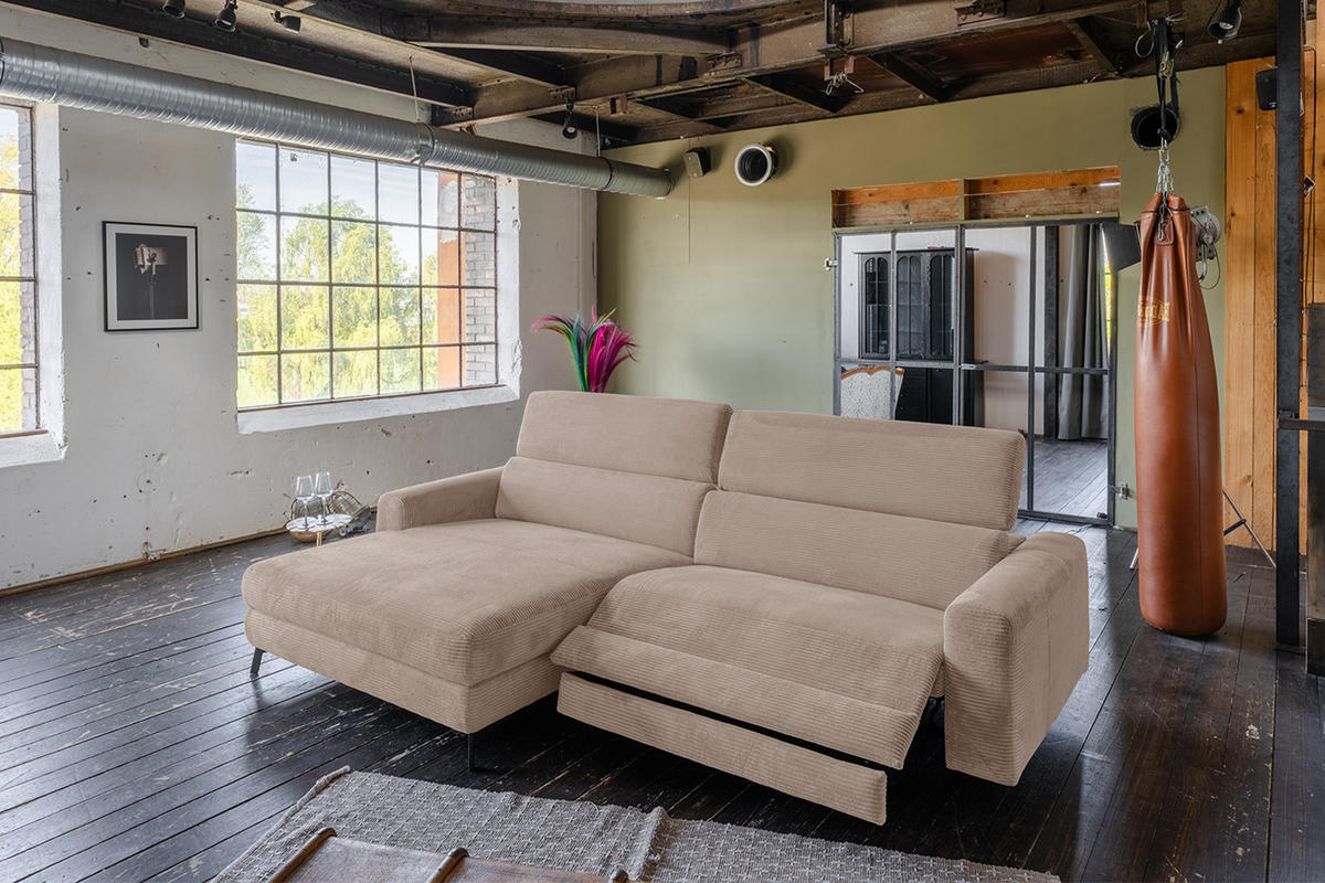 ECKSOFA LAISKA Taupe Cord Relaxfunktion - Taupe/Schwarz, Textil/Metall (282/177cm) - KAWOLA