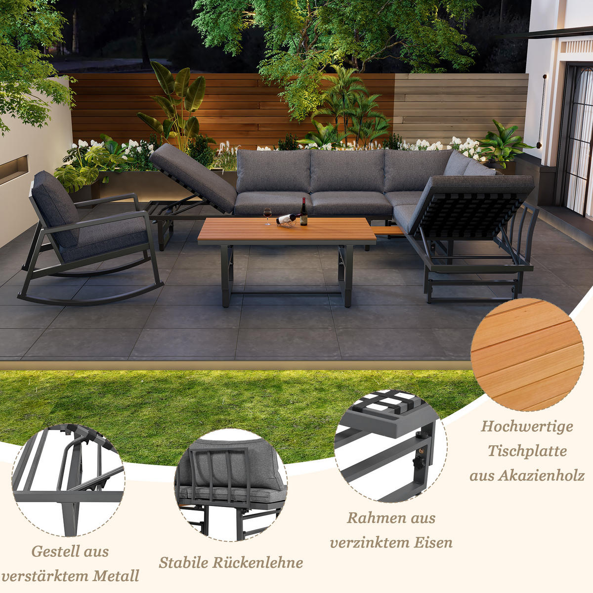 GARTENLOUNGE-SET mit 2 Sofas, Tisch Gartenlounge Set mit aller Sitzkissen und Kissen - Naturfarben/Grau, Holzwerkstoff/Textil - STILVORA