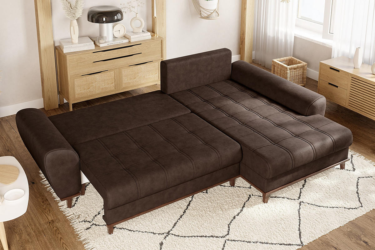 ECKSOFA im Scandi-Stil, Schlaffunktion, Bettkasten B268/T175/H86 cm, Ottomane rechts, Liegefl. 128x209 cm, Mikrofaserstoff in Vintage Braun / 21017 - Eichefarben/Braun, Holz/Textil (268/175cm) - luma-home