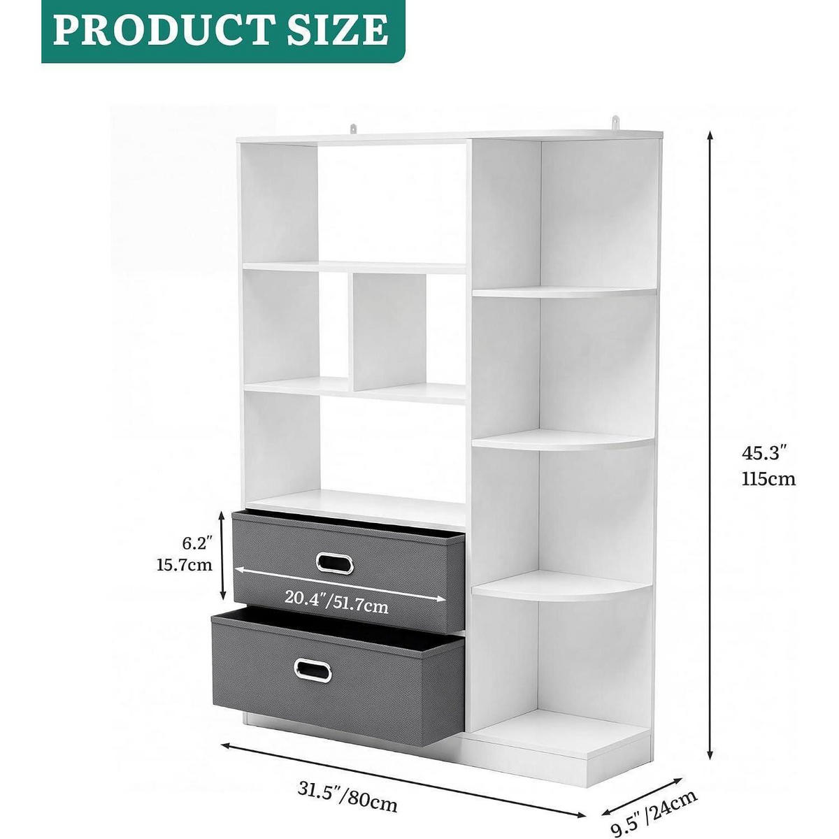 BÜCHERREGAL mit 8 offenen Regalböden und 2 Stoffschubladen Weiß 80 x 24 x 115 cm - Weiß, Holzwerkstoff (24/80/115cm)
