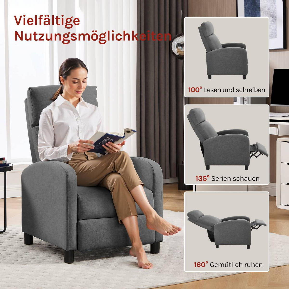 RELAXSESSEL mit Liegefunktion, Leinen , Dunkelgrau - Dunkelgrau/Schwarz, Textil/Metall (65.5/102/89cm) - Woltu