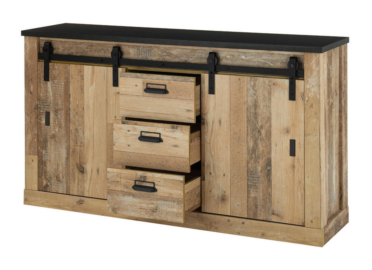 SIDEBOARD Used Wood hell, anthrazit 162 cm, Kommode mit Soft-Close - Anthrazit/Schwarz, Holzwerkstoff/Metall (162/91/43cm) - Furn.Design