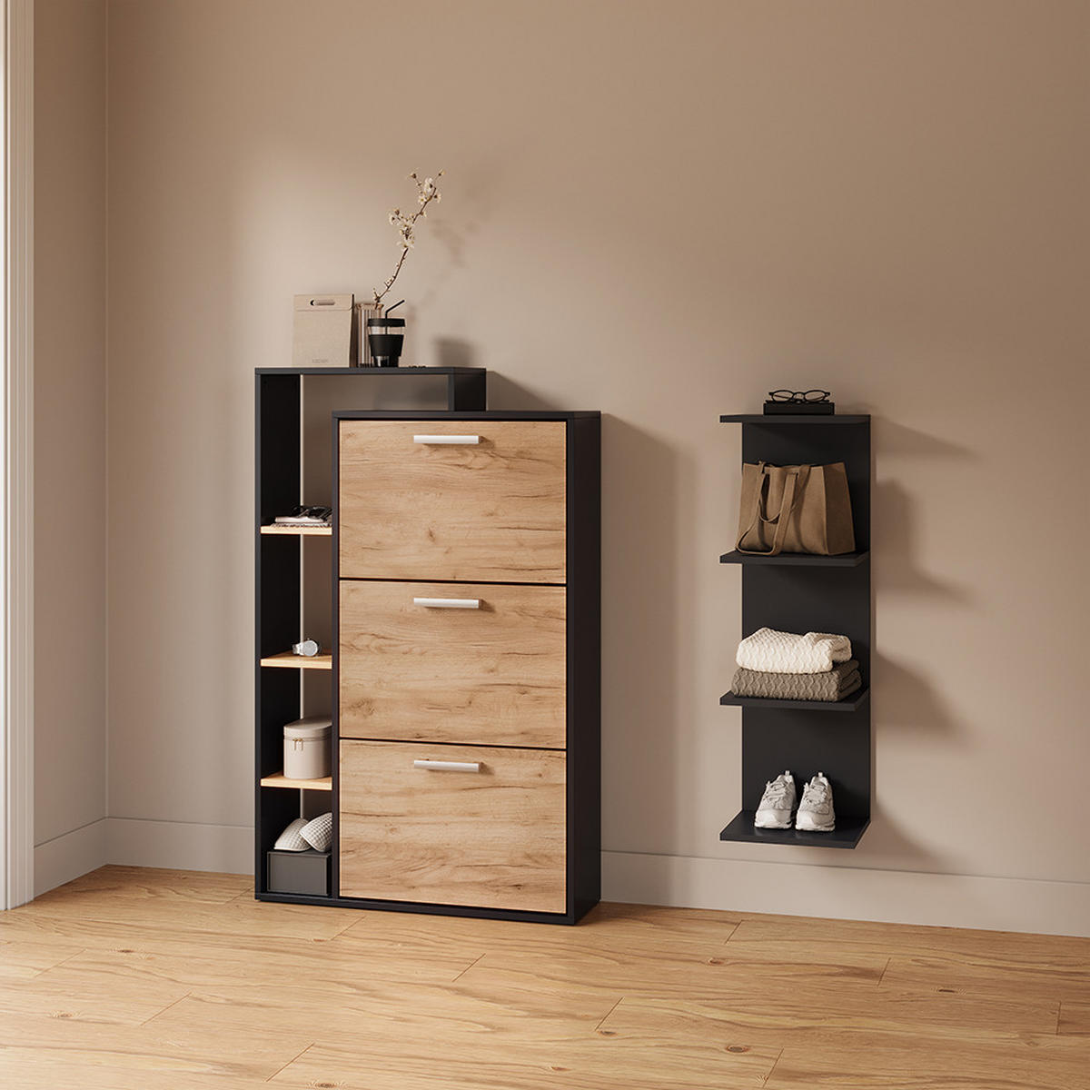 GARDEROBA Trento Antracit z 2 predaloma - antracit, leseni material (100/200/50cm) - Livinity®