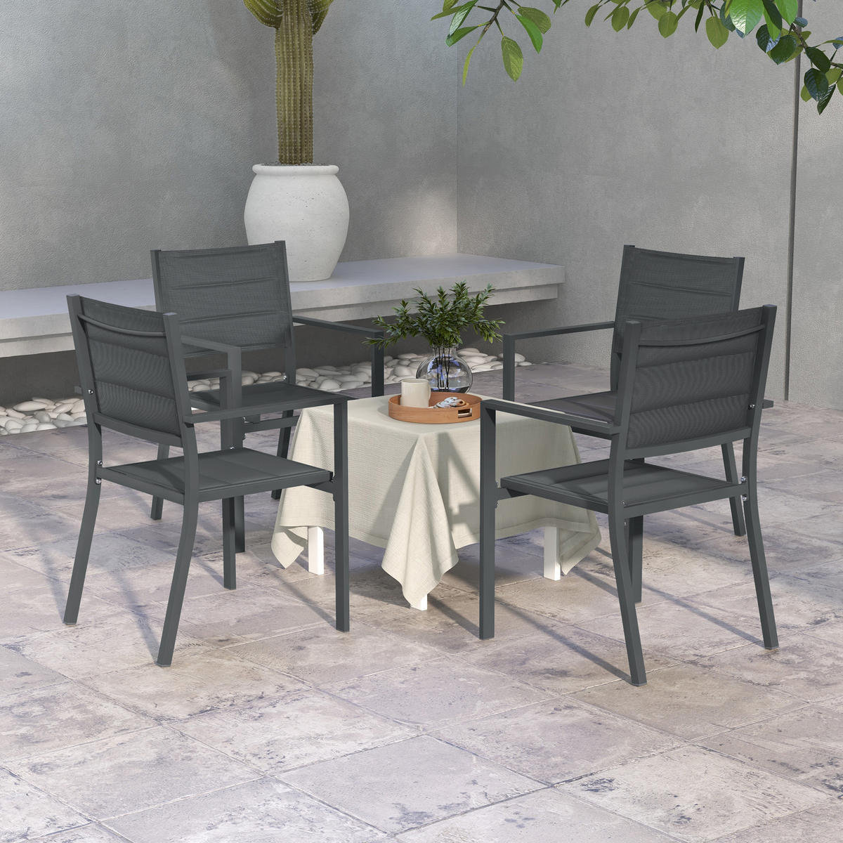 GARTENSESSEL 4er-Set DE-13214 stapelbar mit Armlehnen, Aluminium - Grau, Metall (57.5/87/56.5cm) - ComfortXL