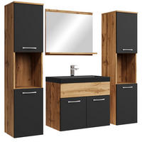 BADMÖBEL-SET Montreal 5 Teile Eiche / Schwarz - Schwarze Waschbecken - 60 x 35 x 51 cm - Eichefarben/Schwarz, Holz (60/51/35cm) - Badplaats