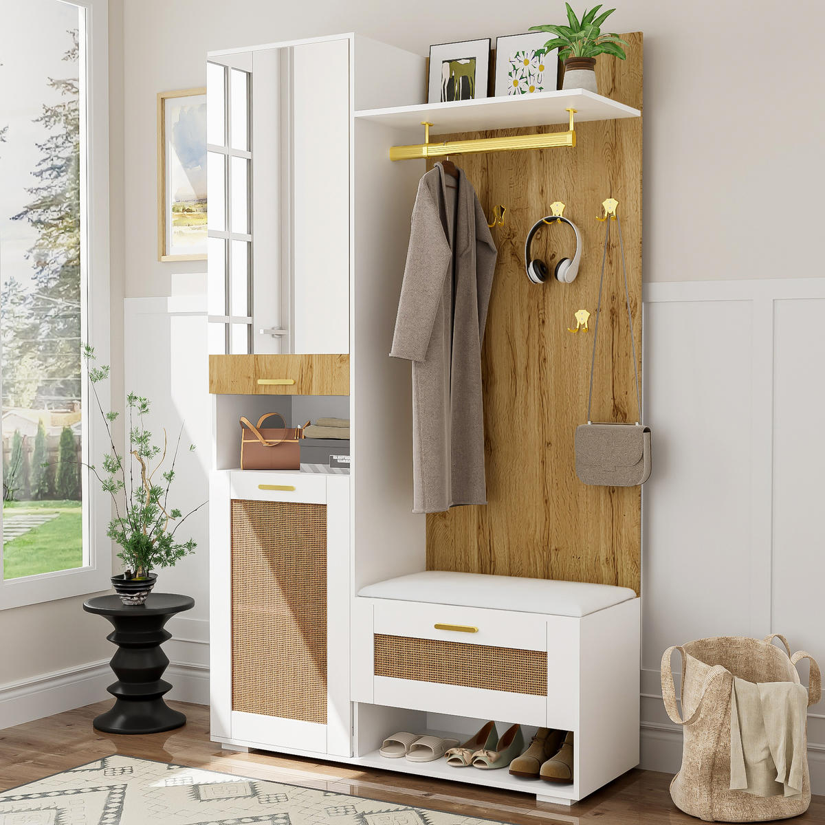 SCHUHSCHRANK aus MDF & Spanplatte 110x38x190cm in Natur mit Spiegel & LED - Naturfarben, Holzwerkstoff (110/190/38cm) - Modfu