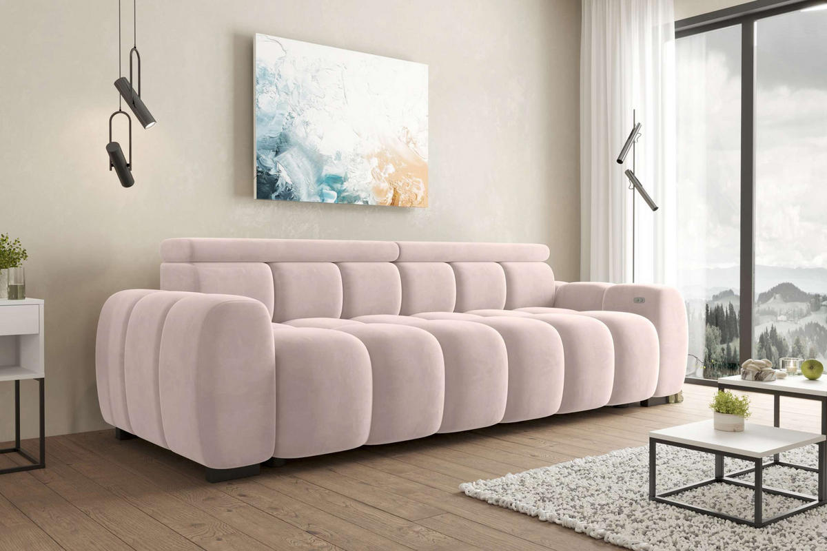 BIGSOFA ALESSIO Velours Beige mit elektrischer Sitztiefenverstellung - Beige, Kunststoff/Textil (248/77/108cm) - 99rooms