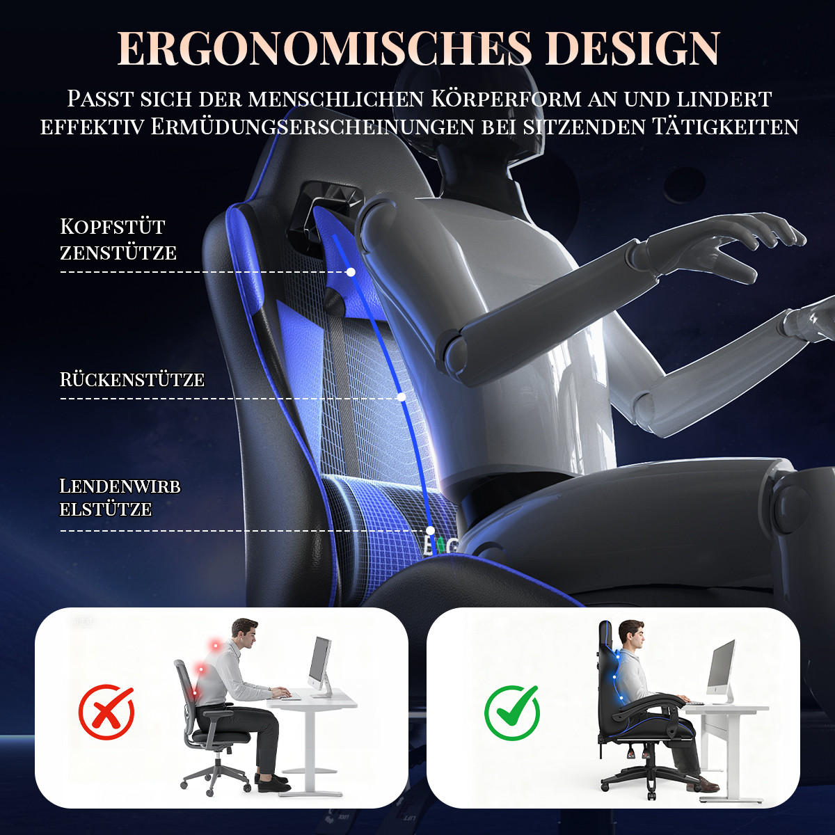 GAMINGSTUHL Schwarz-Blau,mit Massage,Fußstütze, Ergonomisch, Verstellbar - Blau, Metall (26/59/77cm) - Rattrix