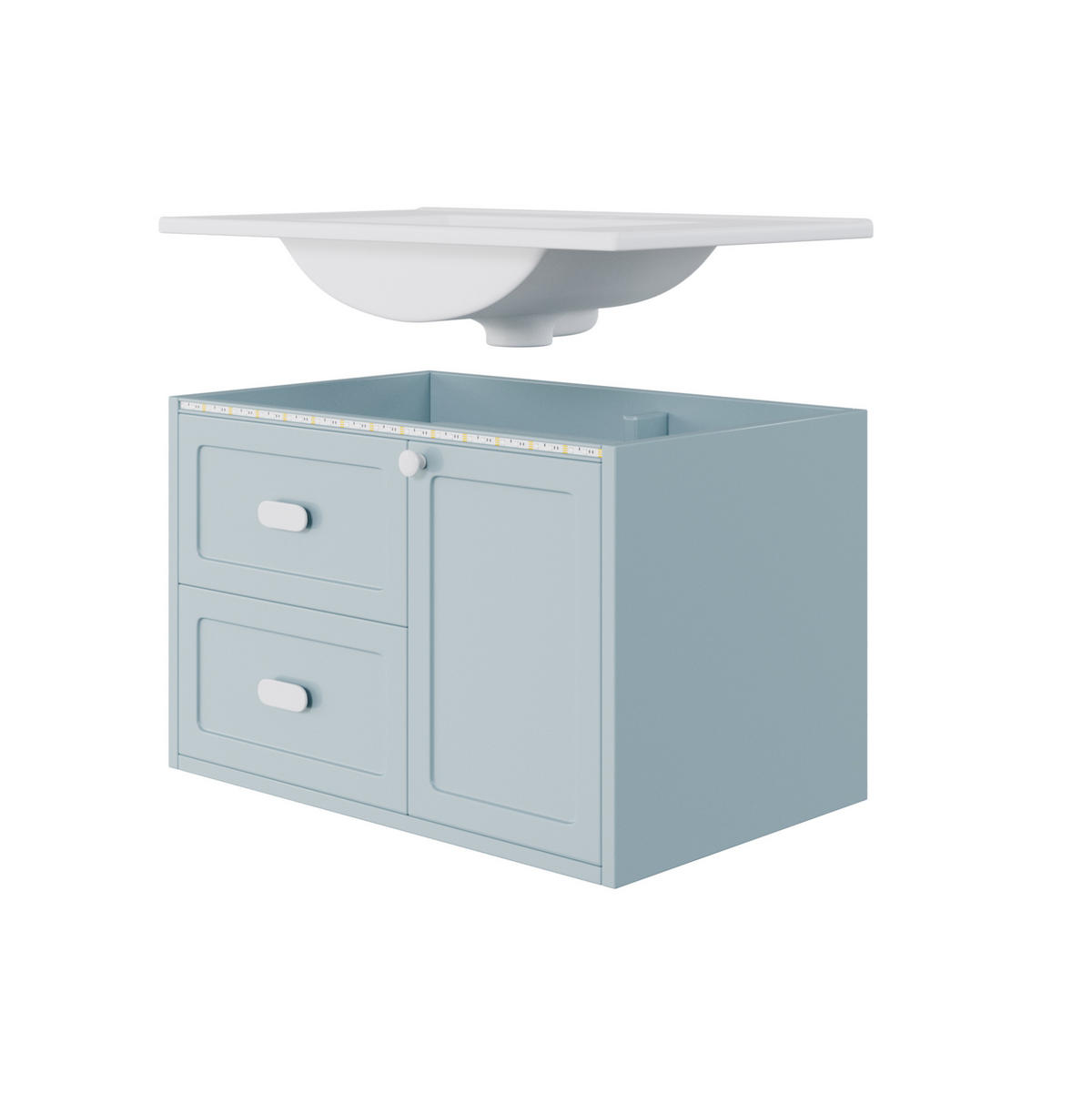 BADEZIMMER-HÄNGESCHRANK 76x46x51 cm Blau aus Keramik & Spanplatte mit Radar-Sensor-LED & 2 Schubladen - Blau, Holzwerkstoff (76/51/46cm) - Modfu