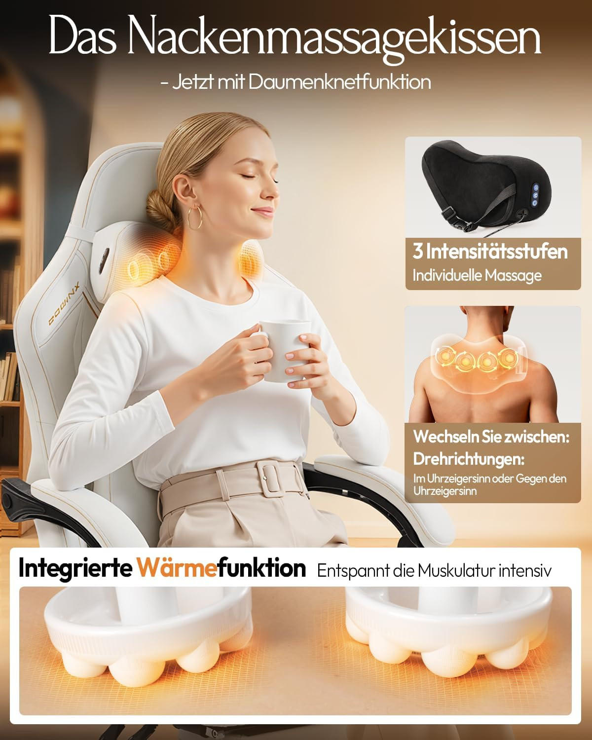 GAMING Stuhl mit Massagefunktion & Lendenwirbelstütze & Nackenstütze - Weiß, Leder (56/123/70cm)