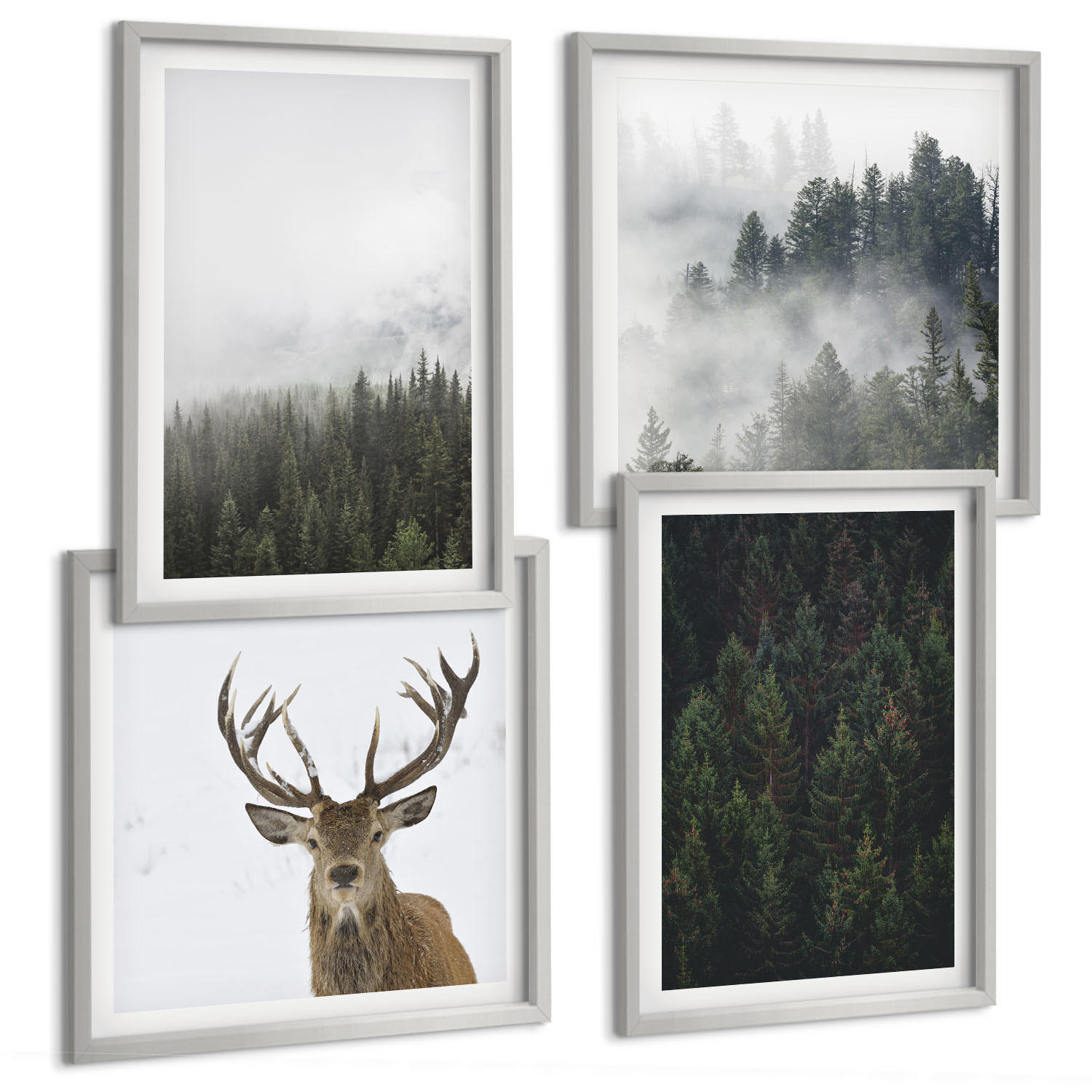 BILDER SET 4er Set - 50x50 cm & 40x60 cm Silberner Rahmen - Grüne Wälder, neblige Landschaft - Silberfarben, Kunststoff (50/50cm) - TULUP