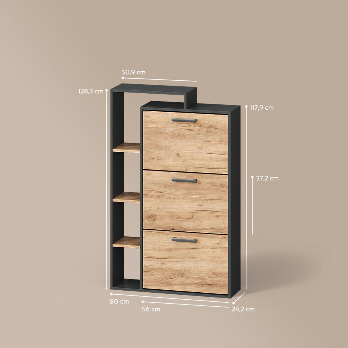 SCHUHKIPPER Ortello Goldkraft Eiche/Anthrazit 80 x 128.3 cm mit 3 Fächern - Honigeiche/Anthrazit, Holzwerkstoff (80/128.3/24.2cm) - Livinity®