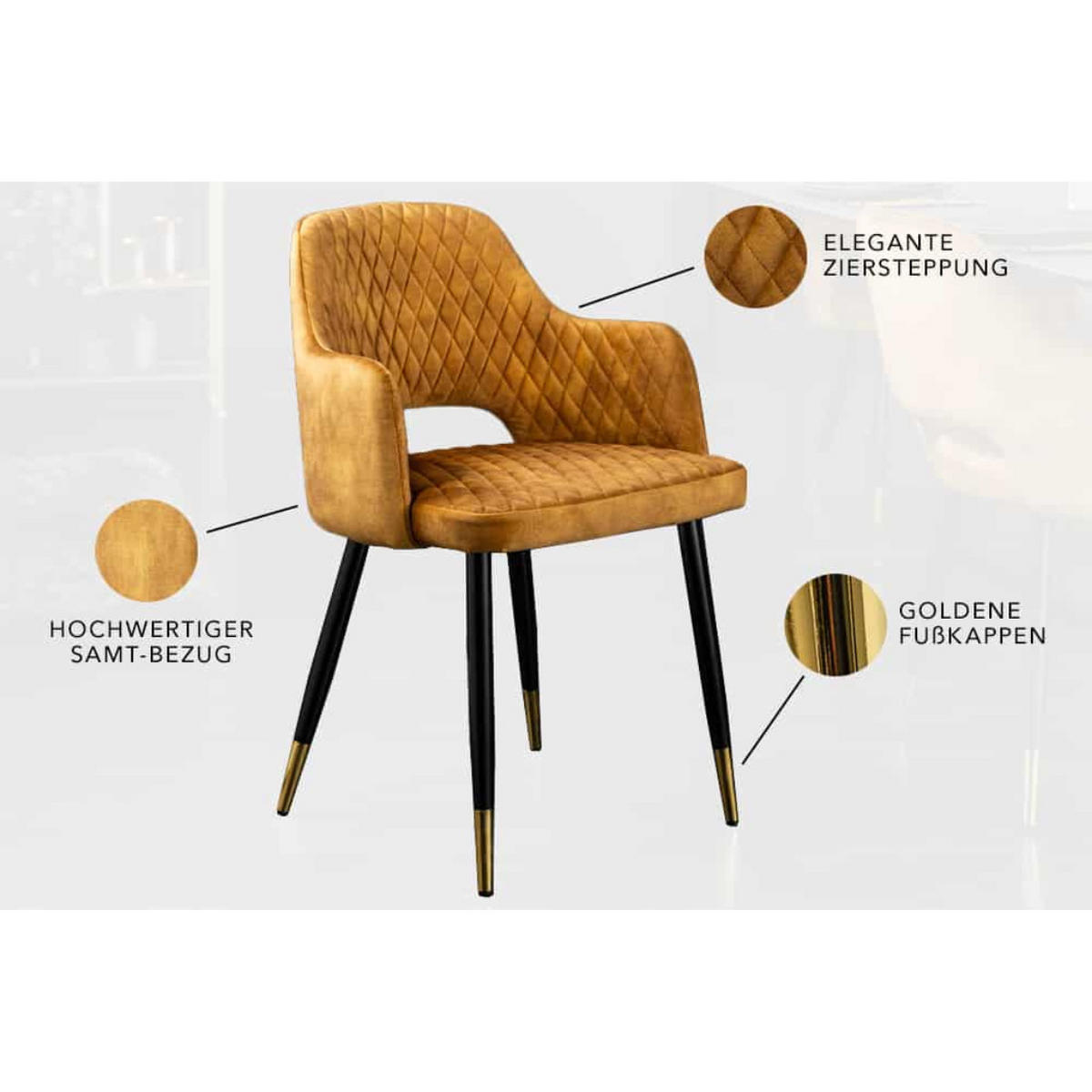 STUHL PARIS Samt Senfgelb, Gold - Gelb/Goldfarben, Textil/Metall (56/81/57cm) - riess-ambiente