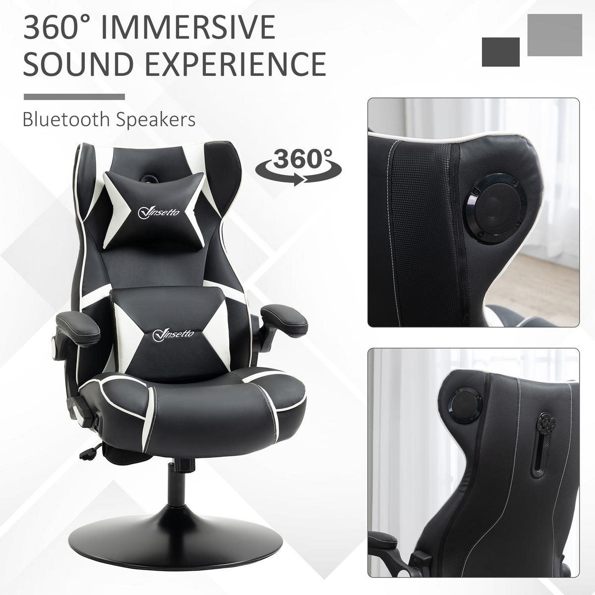 GAMINGSESSEL mit Wippfunktion Gaming Stuhl mit Lautsprecher Bürostuhl PU - Schwarz/Weiß, Leder (73/118/69cm) - Vinsetto
