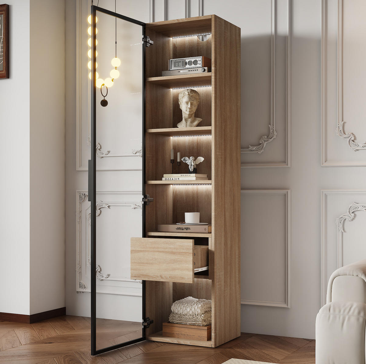 BADEZIMMERSCHRANK mit offenen Fächern und Glastür Natur MDF - Naturfarben, Holzwerkstoff (34.5/165/40cm) - Beauniv