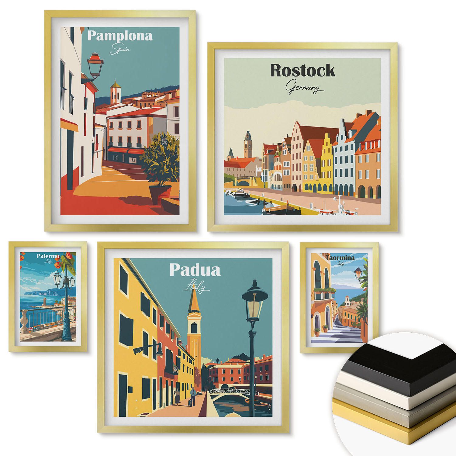 WANDBILDER 5er Set - 50x50 cm & 20x30 cm & 40x60 cm Goldrahmen - Architektur der Küstenstädte - Goldfarben, Kunststoff (40/60cm) - ArtPrintCave