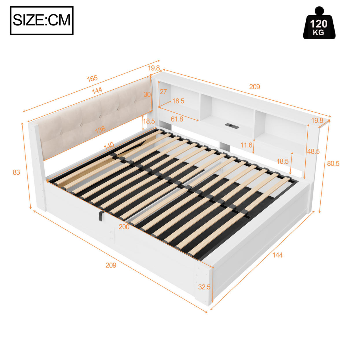 BETT 140/200 cm in Weiß mit Bettkasten, Regal und USB aus Kiefernholz und MDF - Beige/Weiß, Holzwerkstoff/Textil (140/200cm) - STILVORA
