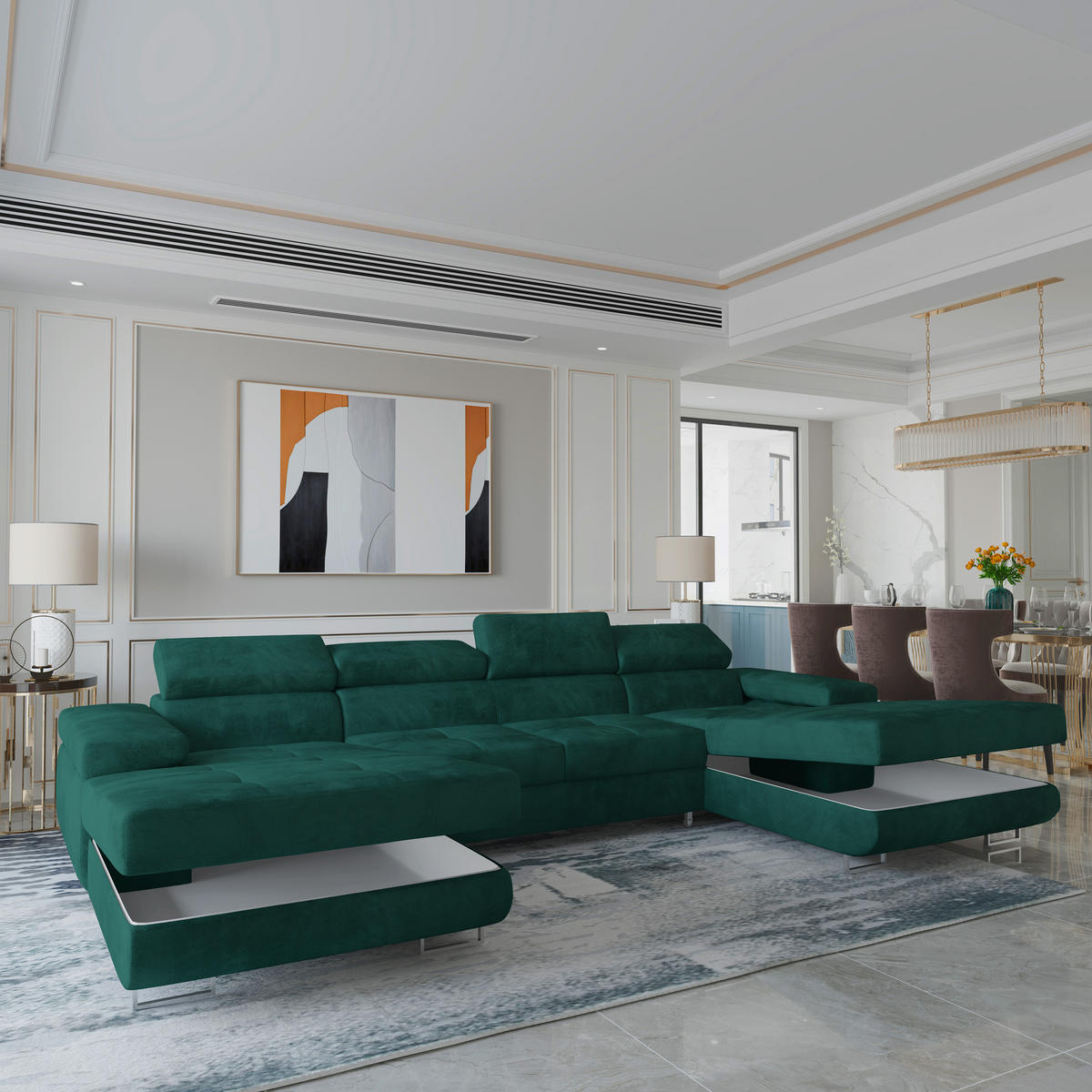 WOHNLANDSCHAFT LYKKE Grün Velours-Stoff mit Schlaffunktion - Grün, Holz (353/90/202cm) - MASSENO