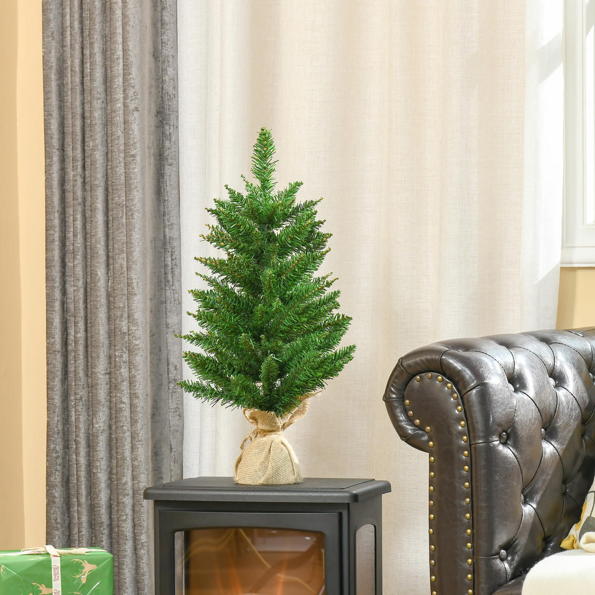 WEIHNACHTSBAUM für Tisch 0,6 m kleiner Christbaum 70 Zweige Leinen PVC Zement - Grün, Kunststoff (60cm) - HOMCOM