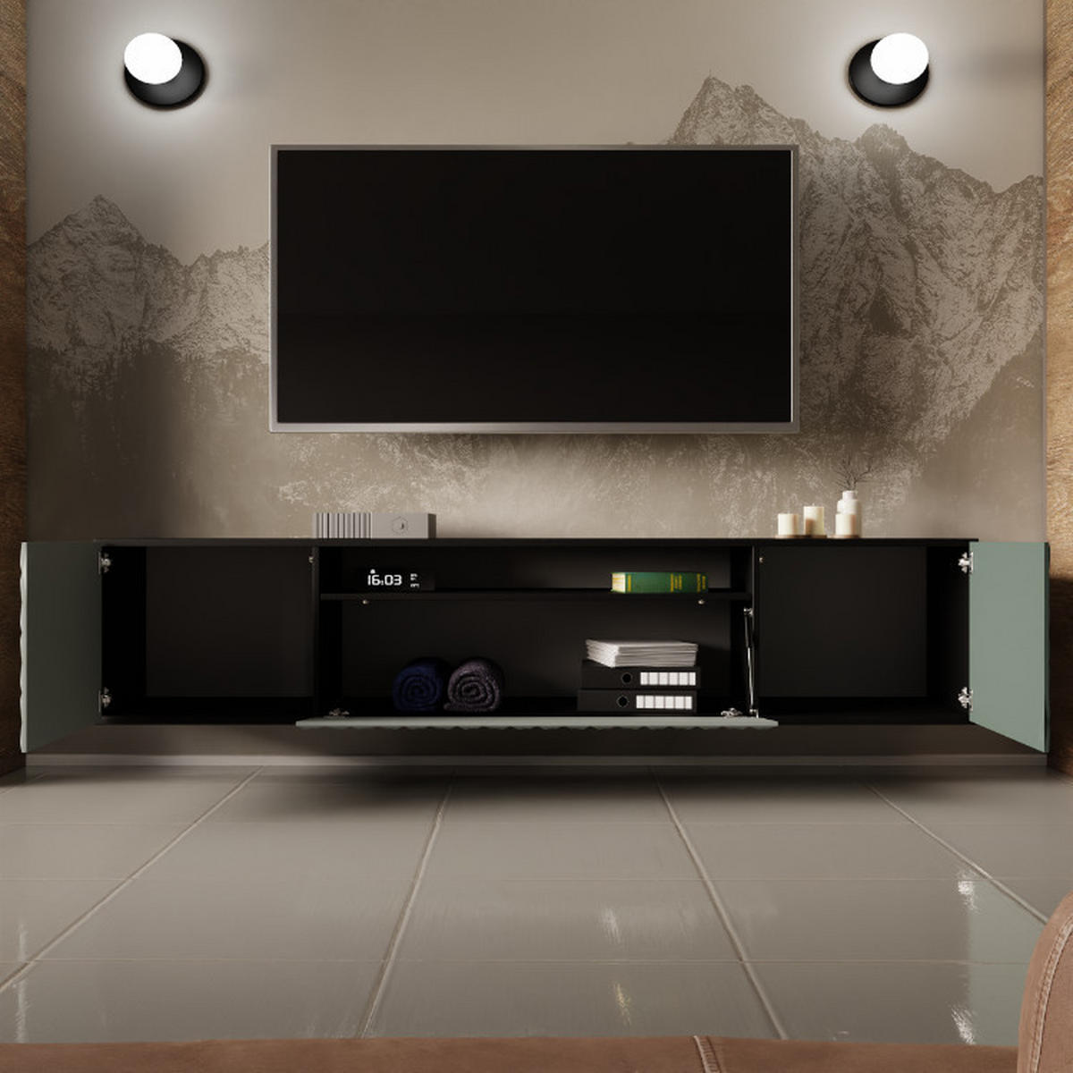 TV-SCHRANK Cali 200 cm, dreitürig, schwarz, grün - Schwarz/Olivgrün, Kunststoff (200/40/41cm) - Margaret Hadas24
