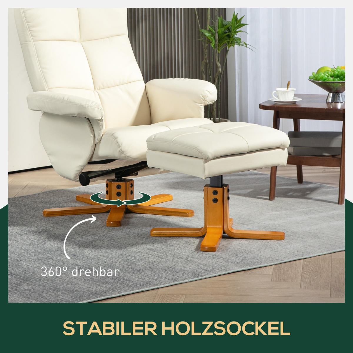 RELAXSESSEL mit Hocker, Stauraum, Fernsehsessel mit Liegefunktion, Cremeweiß - Creme/Braun, Holz/Kunststoff (86/99/80cm) - HOMCOM
