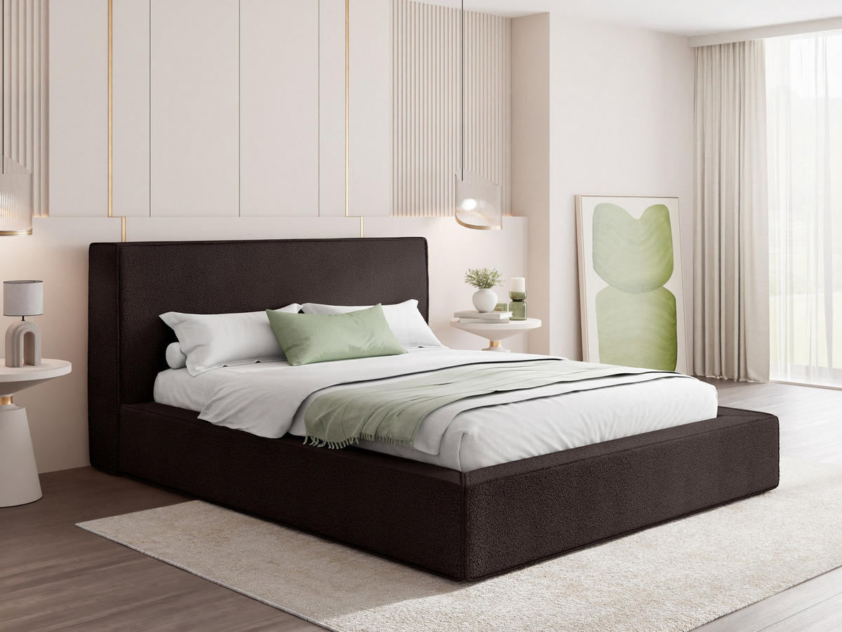 POLSTERBETT Merlin mit Bettkasten, Metall-Lattenrost & hohem Kopfteil in Braun Boucle 200x200 cm - Birkefarben/Schwarz, Kunststoff/Textil (200/200cm) - WFL GROUP